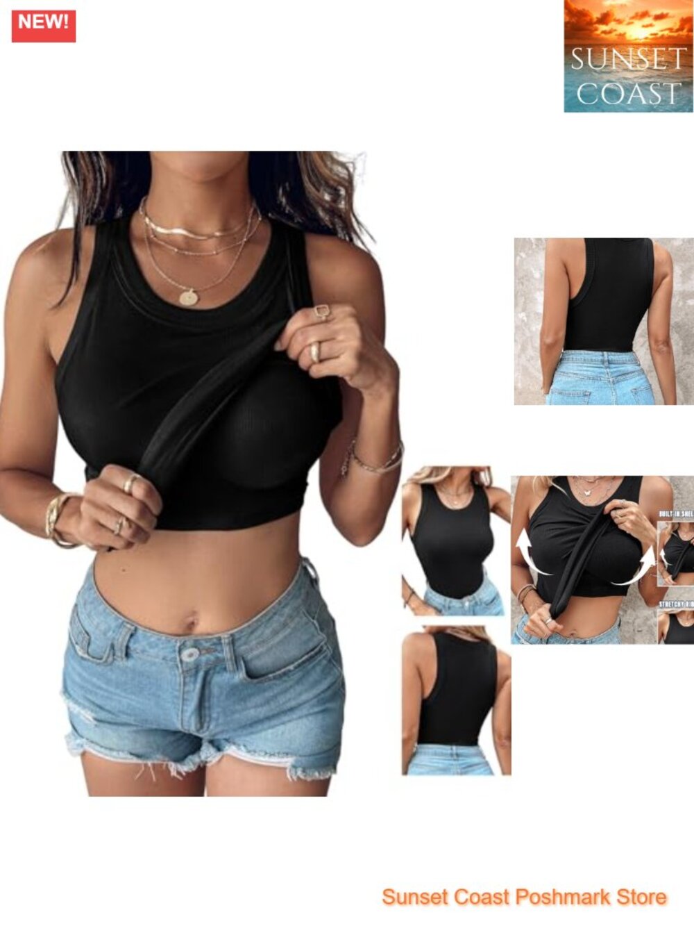 Women's Ribbed Tank Top with Built-In Bra, Sleeveless Racerback, Medium Support